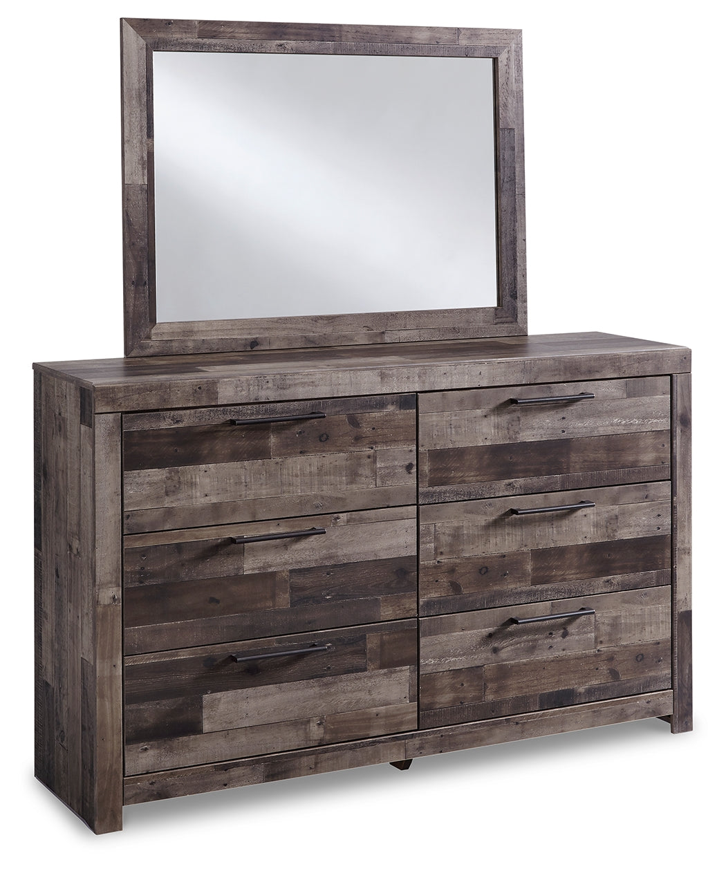 Derekson Full Panel Headboard Bed with Mirrored Dresser and Chest in Multi Gray - PKG003452