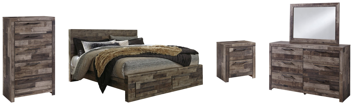 Derekson King Panel Bed with 2 Storage Drawers with Mirrored Dresser, Chest and Nightstand in Multi Gray - PKG003497