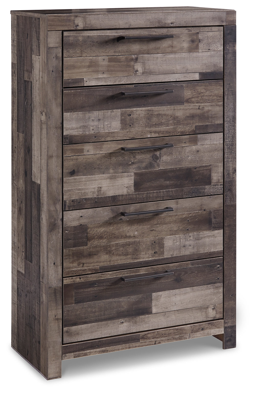 Derekson King Panel Bed with 4 Storage Drawers with Mirrored Dresser, Chest and Nightstand in Multi Gray - PKG003500