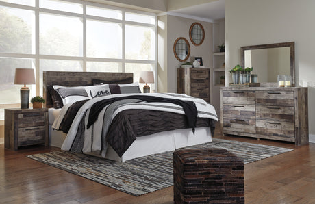 Derekson King Panel Headboard Bed with Mirrored Dresser, Chest and 2 Nightstands in Multi Gray - PKG003515