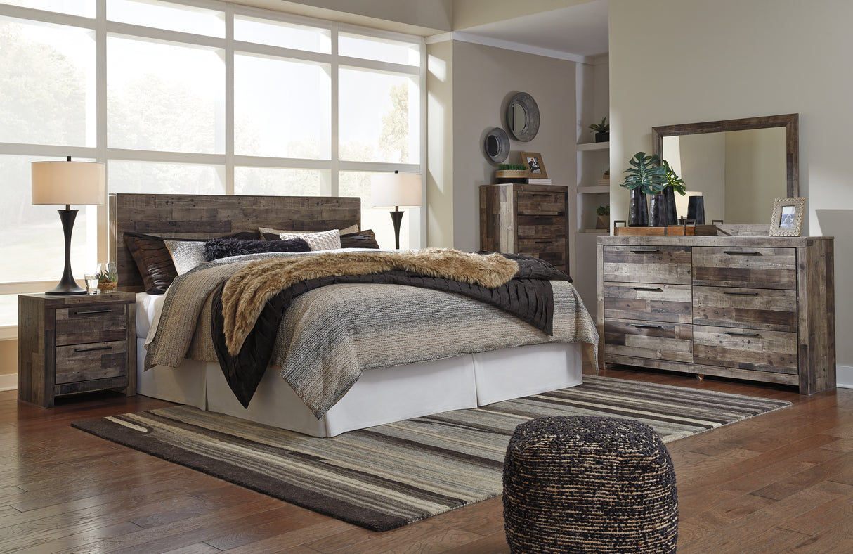 Derekson King Panel Headboard Bed with Mirrored Dresser, Chest and 2 Nightstands in Multi Gray - PKG003515