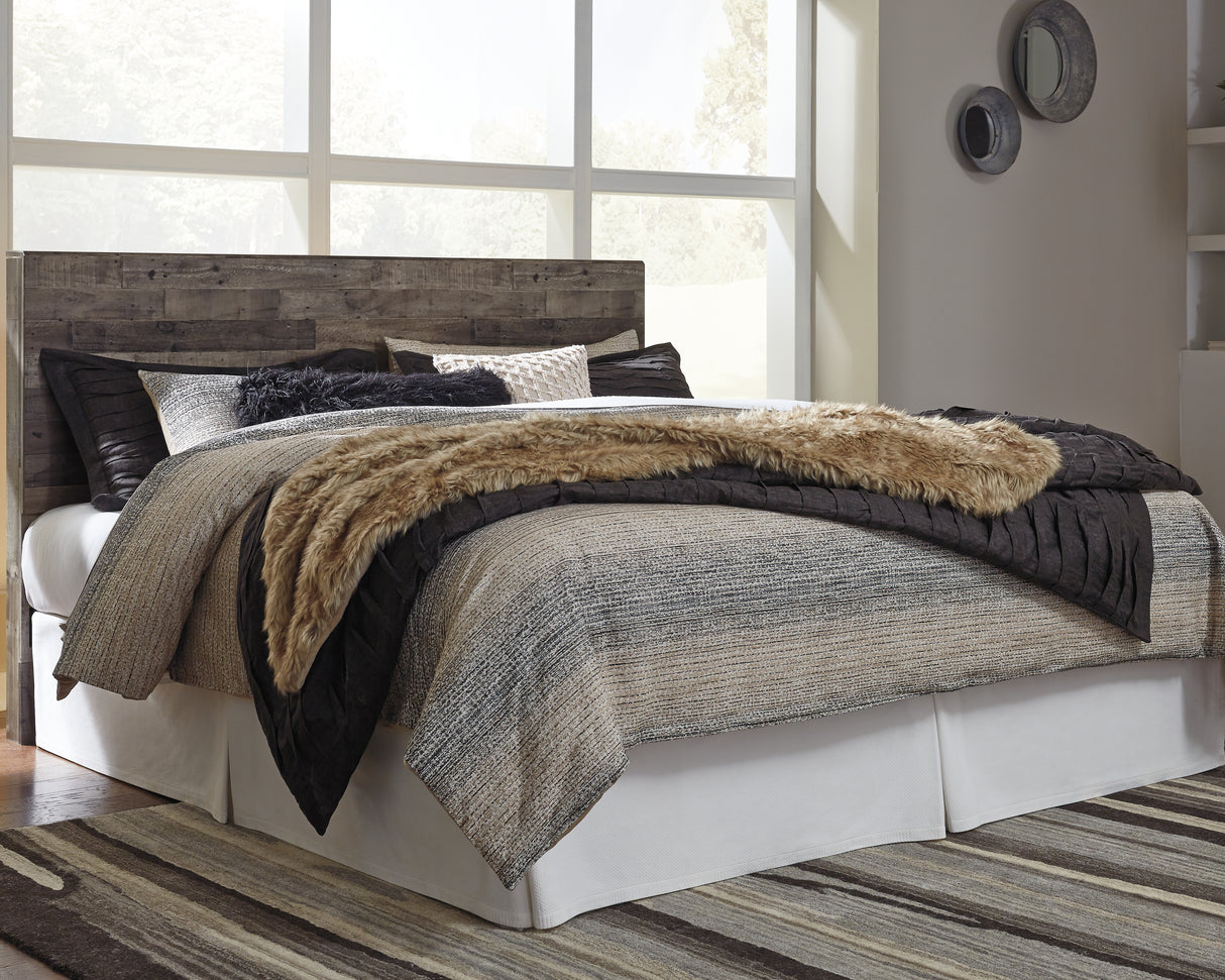 Derekson King Panel Headboard Bed with Mirrored Dresser, Chest and Nightstand in Multi Gray - PKG003475