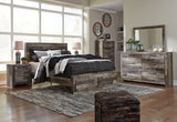 Derekson Queen Panel Bed with 2 Storage Drawers with Mirrored Dresser, Chest and 2 Nightstands in Multi Gray - PKG003526