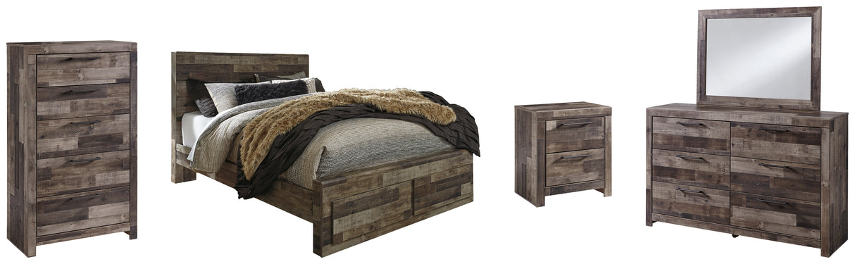 Derekson Queen Panel Bed with 2 Storage Drawers with Mirrored Dresser, Chest and Nightstand in Multi Gray - PKG003484