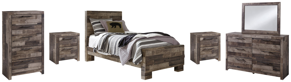 Derekson Twin Panel Bed with Mirrored Dresser, Chest and 2 Nightstands in Multi Gray from Ashley - Luna Furniture