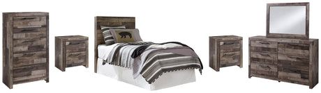 Derekson Twin Panel Headboard Bed with Mirrored Dresser, Chest and 2 Nightstands in Multi Gray - PKG003513