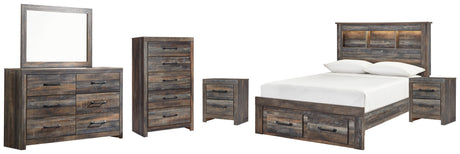 Drystan Full Bookcase Bed with 2 Storage Drawers with Mirrored Dresser, Chest and 2 Nightstands in Multi - PKG003239