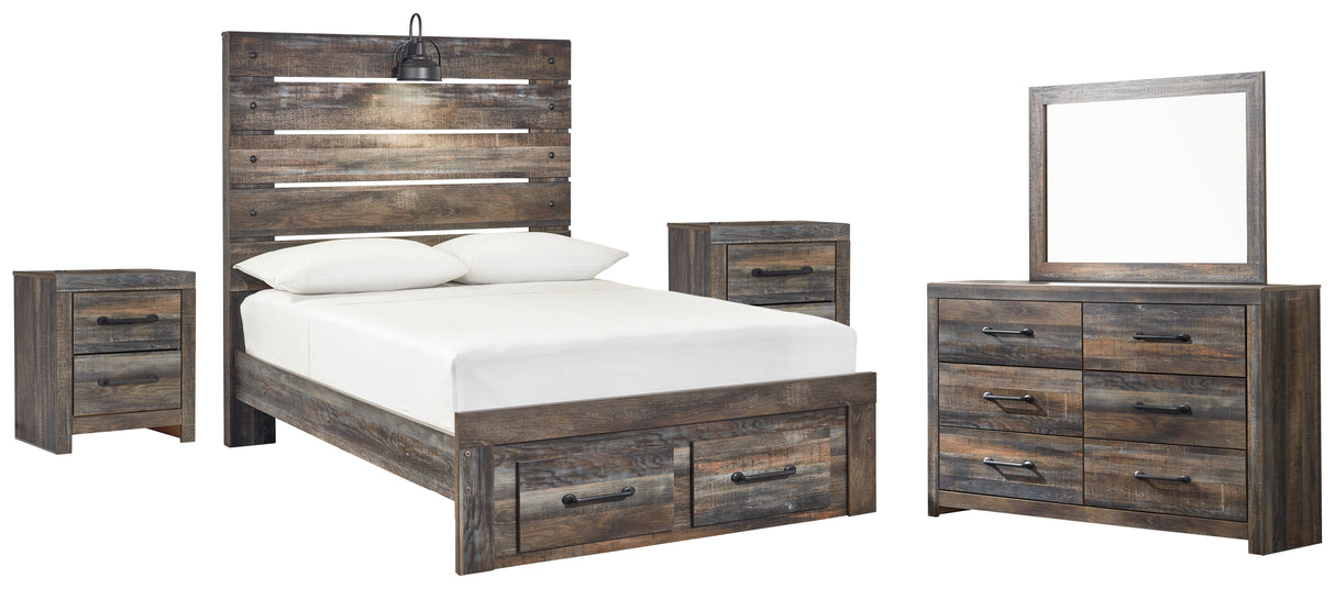 Drystan Full Panel Bed with 2 Storage Drawers with Mirrored Dresser and 2 Nightstands in Multi - PKG003358