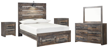 Drystan Full Panel Bed with 2 Storage Drawers with Mirrored Dresser and 2 Nightstands in Multi from Ashley - Luna Furniture