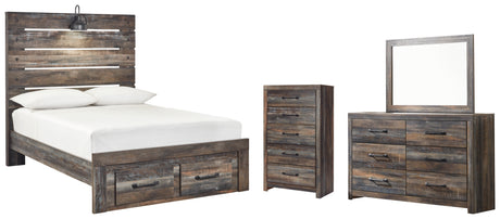 Drystan Full Panel Bed with 2 Storage Drawers with Mirrored Dresser and Chest in Multi - PKG003372