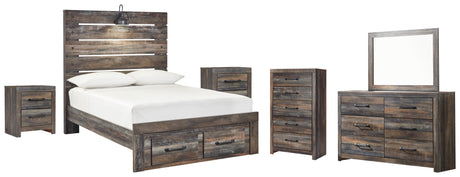 Drystan Full Panel Bed with 2 Storage Drawers with Mirrored Dresser, Chest and 2 Nightstands in Multi from Ashley - Luna Furniture