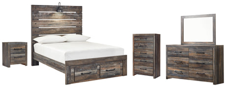 Drystan Full Panel Bed with 2 Storage Drawers with Mirrored Dresser, Chest and Nightstand in Multi - PKG003373