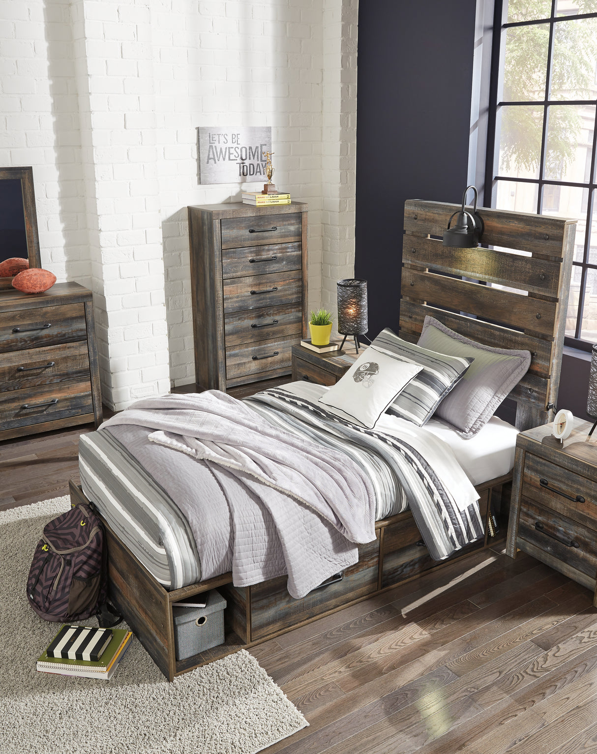 Drystan Full Panel Bed with 4 Storage Drawers with Mirrored Dresser, Chest and Nightstand in Multi from Ashley - Luna Furniture