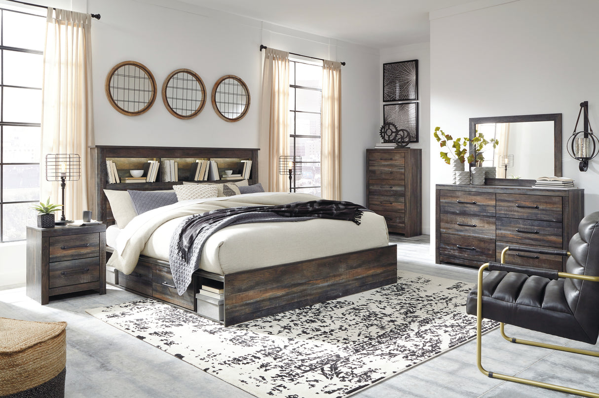 Drystan King Bookcase Bed with 2 Storage Drawers with Mirrored Dresser and 2 Nightstands in Multi - PKG003377