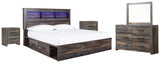 Drystan King Bookcase Bed with 2 Storage Drawers with Mirrored Dresser and 2 Nightstands in Multi - PKG003377