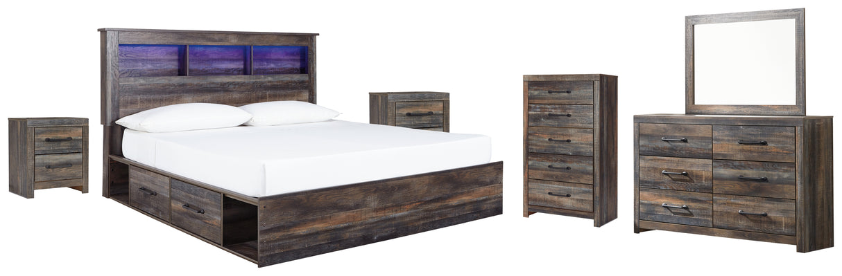 Drystan King Bookcase Bed with 2 Storage Drawers with Mirrored Dresser, Chest and 2 Nightstands in Multi - PKG003383