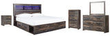 Drystan King Bookcase Bed with 2 Storage Drawers with Mirrored Dresser, Chest and Nightstand in Multi - PKG003381