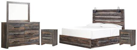 Drystan King Panel Bed with 2 Storage Drawers with Mirrored Dresser and 2 Nightstands in Multi - PKG003200