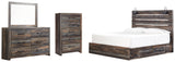 Drystan King Panel Bed with 2 Storage Drawers with Mirrored Dresser and Chest in Multi - PKG003201