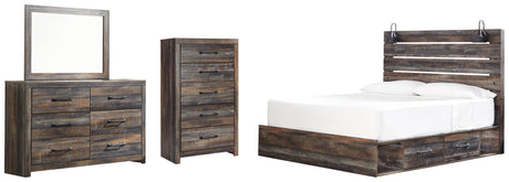 Drystan King Panel Bed with 2 Storage Drawers with Mirrored Dresser and Chest in Multi from Ashley - Luna Furniture