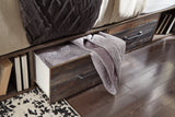 Drystan King Panel Bed with 2 Storage Drawers with Mirrored Dresser and Chest in Multi - PKG003201