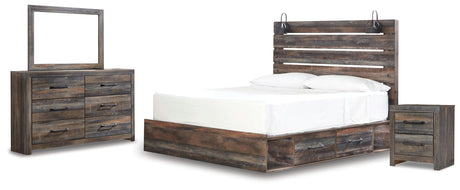 Drystan King Panel Bed with 2 Storage Drawers with Mirrored Dresser and Nightstand in Multi from Ashley - Luna Furniture