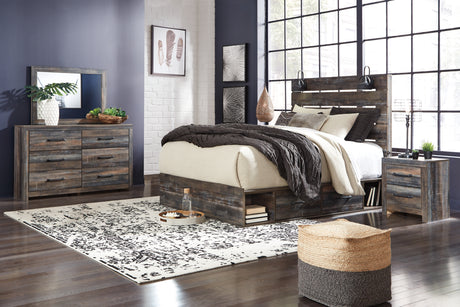 Drystan King Panel Bed with 2 Storage Drawers with Mirrored Dresser and Nightstand in Multi from Ashley - Luna Furniture