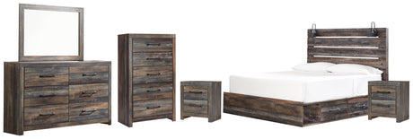 Drystan King Panel Bed with 2 Storage Drawers with Mirrored Dresser, Chest and 2 Nightstands in Multi - PKG003203