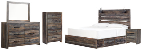 Drystan King Panel Bed with 2 Storage Drawers with Mirrored Dresser, Chest and Nightstand in Multi from Ashley - Luna Furniture