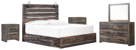 Drystan King Panel Bed with 4 Storage Drawers with Mirrored Dresser and 2 Nightstands in Multi from Ashley - Luna Furniture