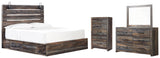 Drystan King Panel Bed with 4 Storage Drawers with Mirrored Dresser and Chest in Multi - PKG003412