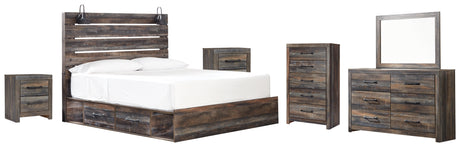 Drystan King Panel Bed with 4 Storage Drawers with Mirrored Dresser, Chest and 2 Nightstands in Multi - PKG003417