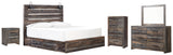 Drystan King Panel Bed with 4 Storage Drawers with Mirrored Dresser, Chest and Nightstand in Multi - PKG003414