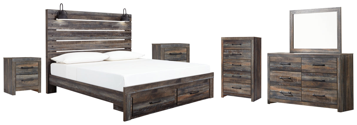 Drystan King Panel Bed with Storage with Mirrored Dresser, Chest and 2 Nightstands in Multi from Ashley - Luna Furniture