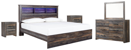 Drystan King Panel Bookcase Bed with Mirrored Dresser and 2 Nightstands in Multi - PKG003405