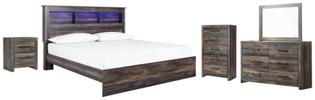 Drystan King Panel Bookcase Bed with Mirrored Dresser, Chest and Nightstand in Multi - PKG003407