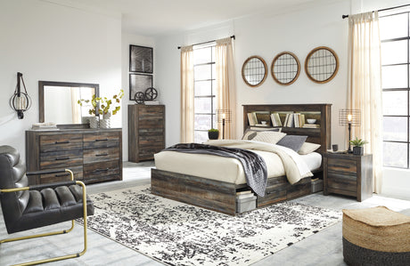 Drystan Queen Bookcase Bed with 2 Storage Drawers with Mirrored Dresser, Chest and 2 Nightstands in Multi - PKG003215