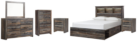 Drystan Queen Bookcase Bed with 2 Storage Drawers with Mirrored Dresser, Chest and 2 Nightstands in Multi - PKG003215