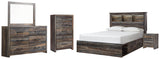 Drystan Queen Bookcase Bed with 2 Storage Drawers with Mirrored Dresser, Chest and Nightstand in Multi - PKG003214