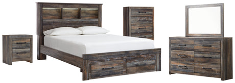 Drystan Queen Bookcase Bed with 2 Storage Drawers with Mirrored Dresser, Chest and Nightstand in Multi - PKG003244