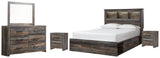 Drystan Queen Bookcase Bed with 4 Storage Drawers with Mirrored Dresser and 2 Nightstands in Multi - PKG003218