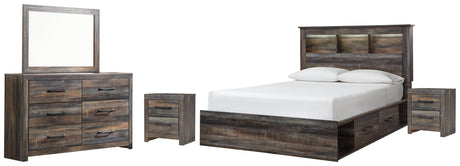 Drystan Queen Bookcase Bed with 4 Storage Drawers with Mirrored Dresser and 2 Nightstands in Multi from Ashley - Luna Furniture