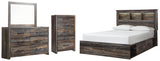 Drystan Queen Bookcase Bed with 4 Storage Drawers with Mirrored Dresser and Chest in Multi - PKG003219