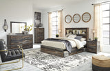 Drystan Queen Bookcase Bed with 4 Storage Drawers with Mirrored Dresser, Chest and 2 Nightstands in Multi - PKG003221