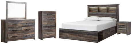 Drystan Queen Bookcase Bed with 4 Storage Drawers with Mirrored Dresser, Chest and Nightstand in Multi - PKG003220