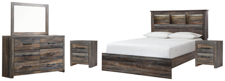 Drystan Queen Bookcase Bed with Mirrored Dresser and 2 Nightstands in Multi - PKG003206