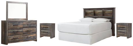 Drystan Queen/Full Bookcase Headboard Bed with Mirrored Dresser and 2 Nightstands in Multi from Ashley - Luna Furniture