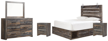 Drystan Queen Panel Bed with 2 Storage Drawers with Mirrored Dresser and 2 Nightstands in Multi - PKG003169