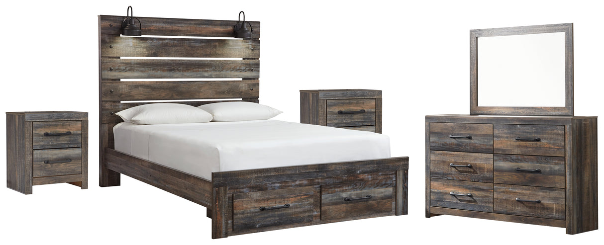 Drystan Queen Panel Bed with 2 Storage Drawers with Mirrored Dresser and 2 Nightstands in Multi - PKG003254