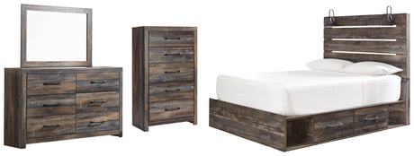 Drystan Queen Panel Bed with 2 Storage Drawers with Mirrored Dresser and Chest in Multi - PKG003170